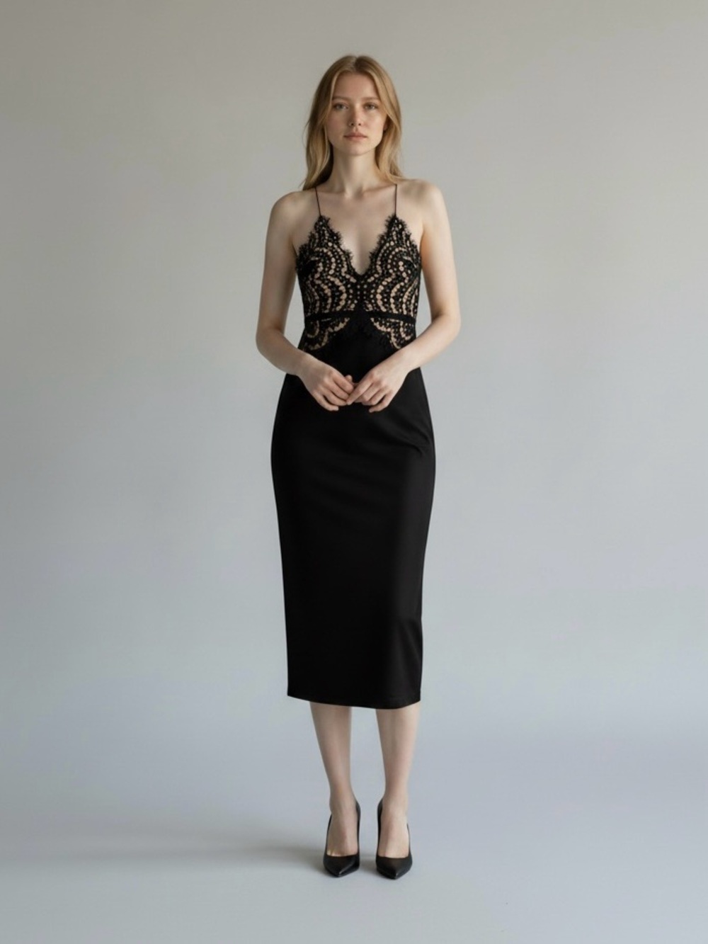 Luxxel Black Lace Halter Midi Dress Nude Illusion Pencil Skirt Small